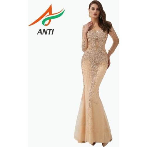 ANTI Sexy V neck Mermaid Illusion Evening Dress Muslim Luxurious Beading Crystal Pearls Long Sleeves Party Gowns 2019 For Woman