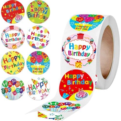 500pcs 1.5inch Happy Birthday Stickers Roll Labels 8 designs for gift package sealing Labels Stationery Adhesive Sticker