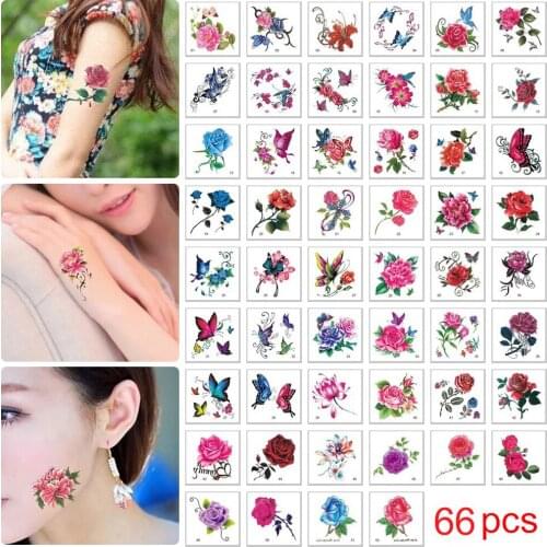 66Pcs Make Up Fake Temporary Tattoos Stickers Rose Flowers Arm Chest Tattoo Waterproof Women Flash Tattoo on Body