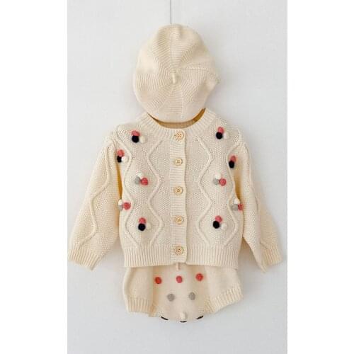 Baby knitted clothes set Sweater Knit Cardigan With Colorful Pompom Sweater For Infant Bodysuit Girls Long Sleeve Knitted Jacket