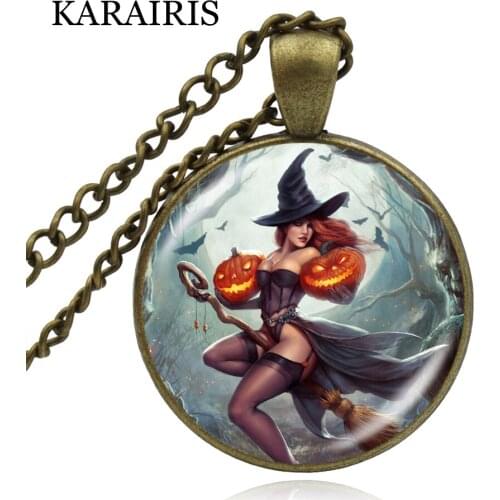 KARAIRIS 2020 New Fairy Tale Pumpkin Sexy Witch Necklace Witch Pendant Vintage Halloween Jewelry Glass Photo Cabochon Necklaces
