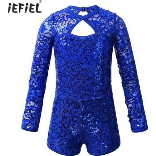 Kids Jumpsuit Long Sleeves Keyhole Back Dance Costume Shiny Sequins Lace Gymnastics Ballet Leotards for Girls Stage Dancewear