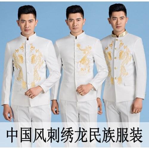 Chinese tunic suit set mens stand collar slim costume adult clothes stand collar embroidery suit men white singer stageS - 2XL