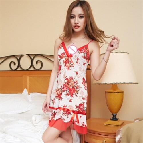 Summer Lady Comfortable Sexy Printing ice Silk Lingerie Lace Translucent Net Yarn Deep V Erotic Temptation Sling Sleepwear Slips