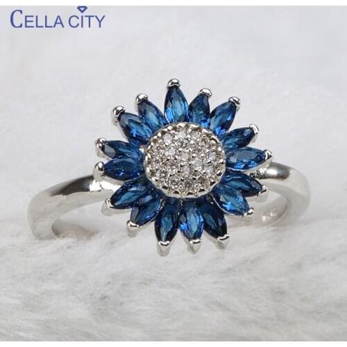 Cellacity Trendy Silver 925 Ring for Women Gemstones Fine Jewelry Sunflower Sapphire Zircon Blue Female Dating Ring Korean Style