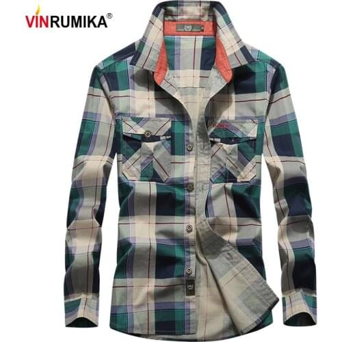 2020 Spring and Autumn Mens Casual Brand 100% Cotton Red Plaid Shirt Man Winter Warm Thick Fleece Green Grid Long Sleeve Shirts