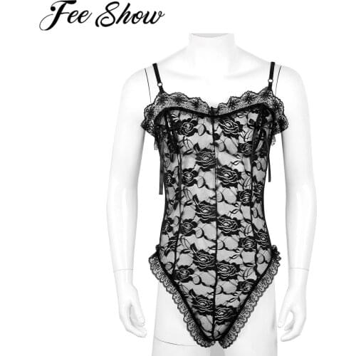 Men Black Lace Floral Nipple Splits with Ribbon Hot Sexy Sissy Lingerie Thong Male Transparent Bodysuit Erotic Nightwear