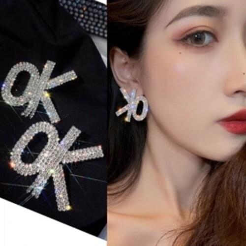 New Arrival Shiny Rhinestone Letters OK Charms Dangle Earrings For Women Jewelry Trendy Maxi Statement Earrings Accessories