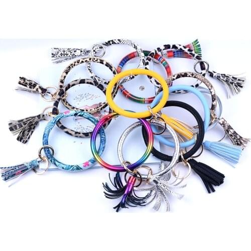 New Fashion Multiful Tassel Keychain Enamel PU Leather O Key Chain Monogram Circle Wristlet Keychain For Women Car keychain