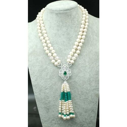 2rows 8-9mm near round white freshwater pearl necklace amazing gift hot green stone beads