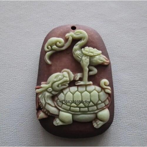 Chinese Natural Purple Robed Jade Dragon Turtle Red-crowned Crane Pendant Necklace Hand-Carved Jewelry Woman Lucky Gifts Amulet