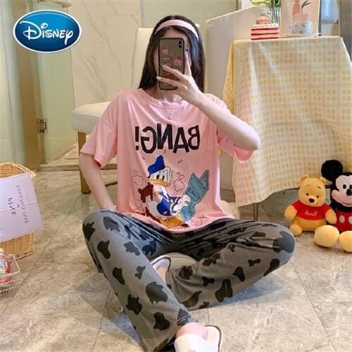 Cartoon Mickey Minnie bear duck print pattern summer ladies short-sleeved trousers pajamas suit loose trendy home service
