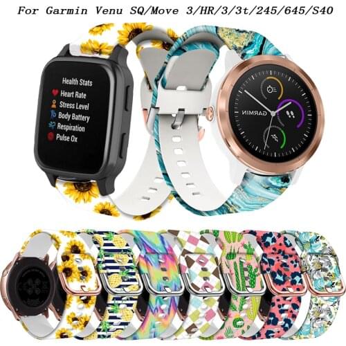 20mm Printing Silicone Watchband For Garmin Venu SQ/Move 3/Luxe/Style/245/645 Sport Strap For vivomove HR/S40/3/3t Easy install