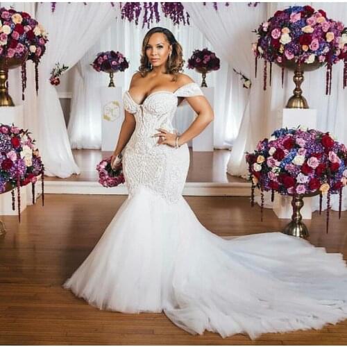 African Mermaid Wedding Dress Bridal Gowns Plus Size Off The Shoulder Lace Appliqued Vestido de Noiva Lady Marriage Dress