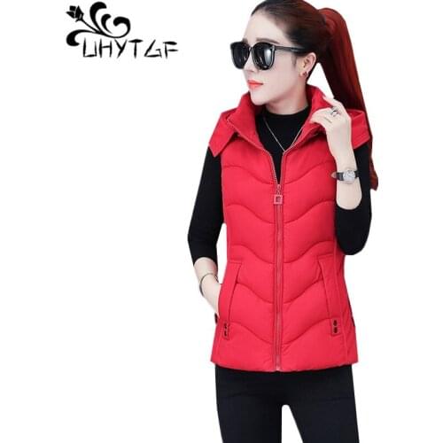UHYTGF 2019 Autumn Winter down jacket vest womens hooded slim short coat Elegant female loose 4XL plus size vests waistcoat 344