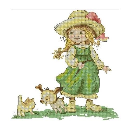 Top Quality Lovely Cute Counted Cross Stitch Kit On a Leash Little Girl and Dog Puppy Doggy Cat Kitten luca-s luca B1104