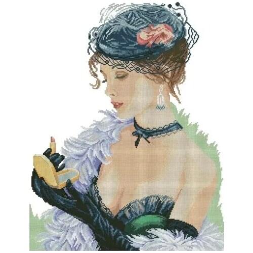 Woman Putting on Lipstick Art Cross Stitch Kits Crafts Top Quality Embroidery Needlework DIY 14CT Unprinted Decor Handmade