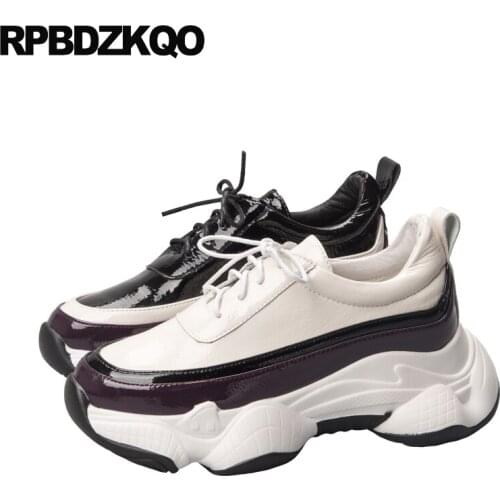 Genuine leather women 2019 female patent shoes creepers round toe harajuku brand pumps beige wedge lace up high heels platform