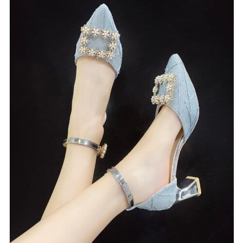 2021 High Heels Pearl Shoes Women Pointed Toe Ankle Buckle Strap Party Dress Pumps Ladies Zapatos De Mujer Plataforma 34-40