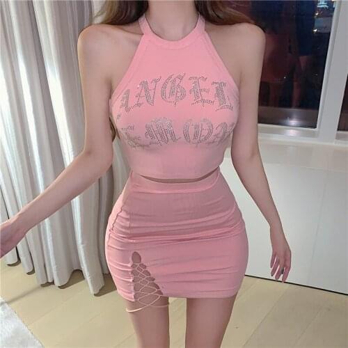 VSUE Women Sexy Club Diamonds Shirt Casual Set Letter Short sleeveless Blouse Split Lace Up Skirt Mini Skirt Two-Piece Set T3035