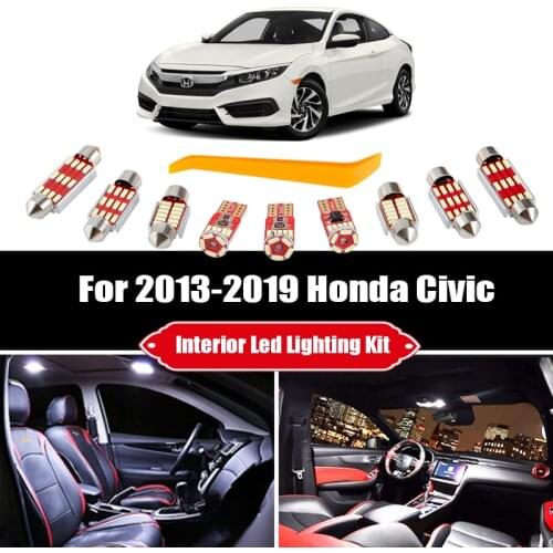 9pcs White LED Interior Light Reading Bulbs Kit Fit For 2013-2016 2017 2018 2019 Honda Civic Map Dome License Accessories Lamp