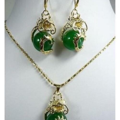 Free Shipping new hot Green Red Purple jade stone Black stone Bangle Earring Dragon Pendant Set