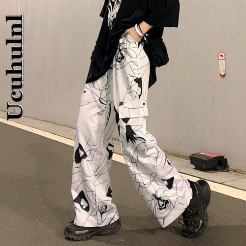 Ucuhulnl 2021 Fashion Cargo Pants Women Abstract Print Trousers Loose Joggers Sweatpants Gothic Pocket Harajuku Streetwear