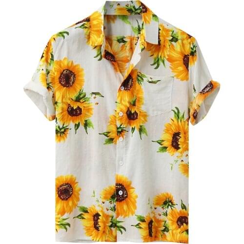 Sunflower Print Hawaiian Shirt 2020 Men Summer Casual Shirts Turn Down Collar Short Sleeve Blouse Shirt Social Camisa Hombre