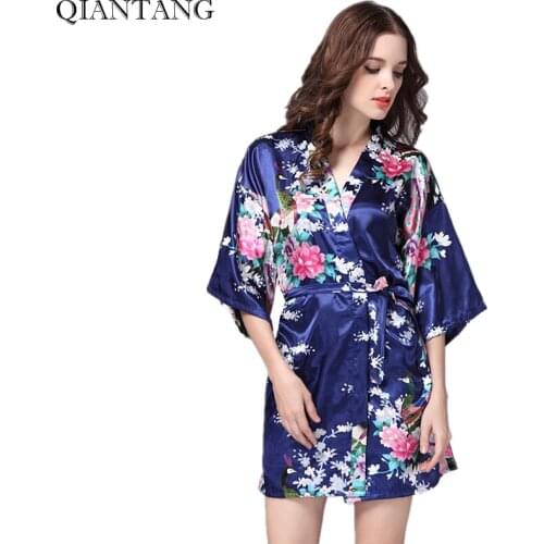 Plus Size Navy Blue Womens Night Robe Kimono Female Faux Silk Bath Gown Summer Sleepwear Peafowl Size S M L XL XXL XXXL Srj01