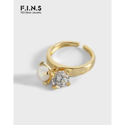 F.I.N.S Luxury Simple Pearl Zircon Pendant S925 Sterling Silver Ring Female Charming Wedding Fine Finger Rings for Decoration