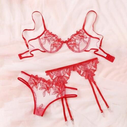 Sexy Lingerie Set Womens Underwear Embroidery Lace Bra Tops Panties Garter Stocks See-Through Underwear Set Erotic Lingerie
