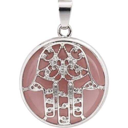 Round Hollow Hand Shape Rose Pink Quartz Pendant for Gift Tiger Eye Stone Silver Plated Jewelry