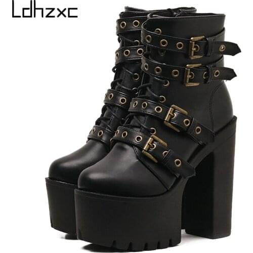 LDHZXC 2020 fashion Sexy Rivet Black Ankle Boots Women Platform Autumn Winter Ladies Boots With Zipper super High Heels Shoes