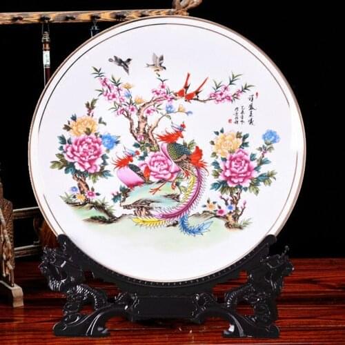 Lucky Flying Phoenix Ceramic Ornamental Plate Chinese Decoration Plate Wood Base Porcelain Plate Set Wedding Gift