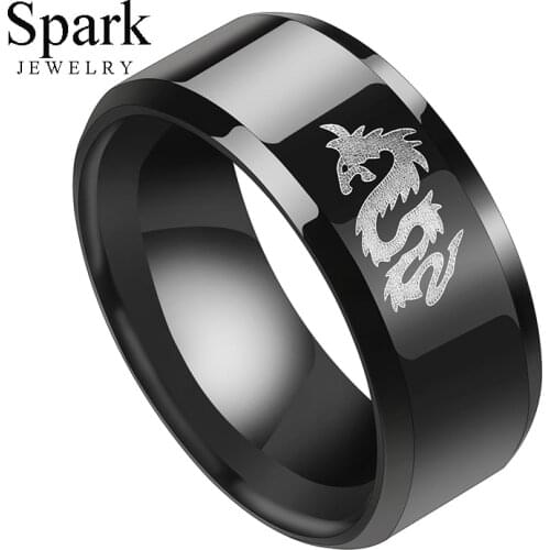 Punk 8mm Size 7-13 Stainless Steel Dragon Mens Rings Black Polished Finger Rings Wedding Bands Bague Homme Party Jewelry