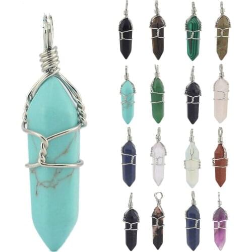 Natural Stone Hexagonal Column Handmade winding pendant Crystal Tiger Eye turquoises For jewelry making DIY necklace accessories