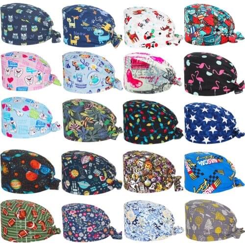 Wholesale New Scrub Cap Cotton Anime Printing Adjustable Nursing Caps Beauty Salon Pet Shop Working Accessories Scrubs Hat Women