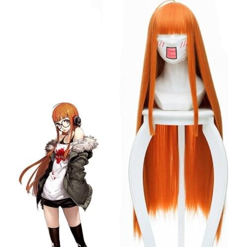 Persona 5 Futaba Sakura Wig P5 Lovely Long Straight Orange Color Wigs Halloween Cosplay Props 90cm