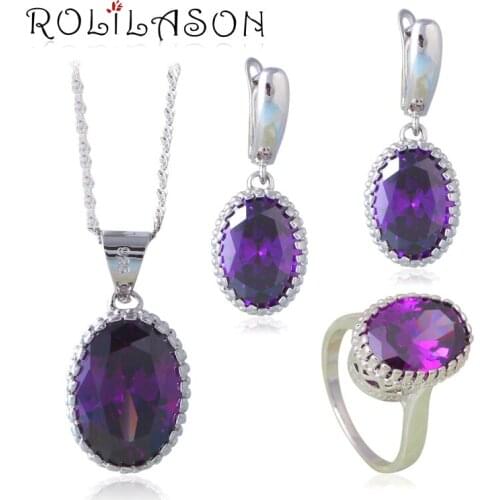 ROLILASON Sublime Small oval stamped Purple crystal CZ Jewelry Sets For Women party and gift JS645