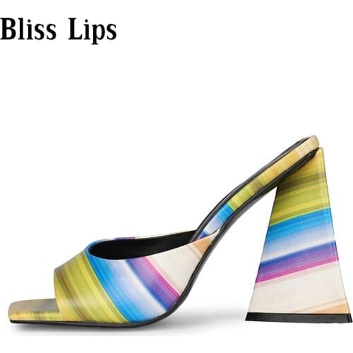 Candy Color Peep-toe Sandals Women Sexy Chunky High Heels Mules Shoes Summer Slides Patent Leather Ladies Slippers Beach Shoes