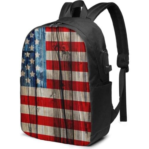 School Laptop Backpack Old American Flag On Wooden Fence 17 inch Travel Multi USB Charger Bag