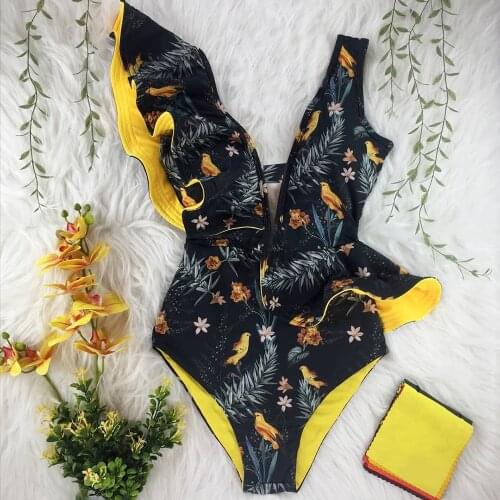 One Piece Swimsuit Sexy One Shoulder Ruffle Swimwear Women Leaf Print Bathing Suits Beach Wear 2021New Arrival Monokini Swim