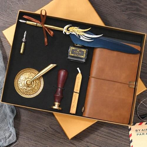 Retro Vintage Fountain Pen Set Notebook Empty Ink Bottle Calligraphy Feather Writing Dip Pen Stationery Gift Box with Nib