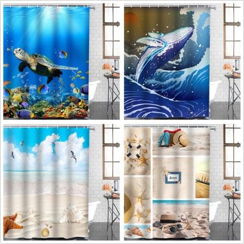180*180 Sunlight Ocean Scenery Waterproof Shower Curtains Fabric Washable Bath Curtains 3D Bathroom Decoration Hanging Curtain