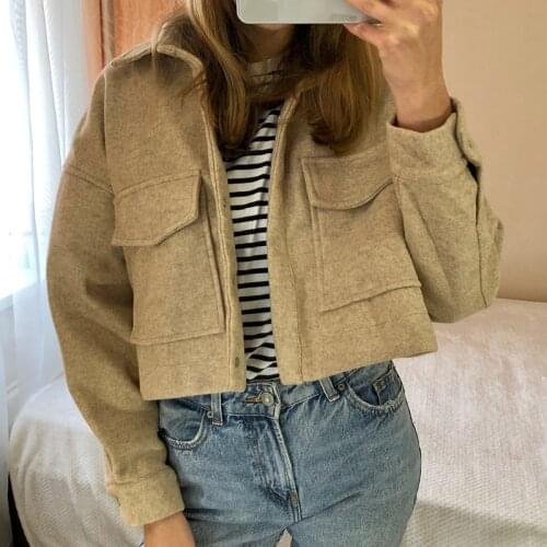 PUWD High Street Women Woolen Short Jacket 2021Fall/Winter Retro Twill Lapel High Waist Loose Pure Color Elegant Female Outwear