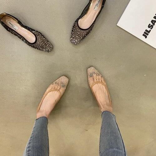 Ladies flat shoes 2021 new spring and summer womens shoes mesh lace crystal bright diamond single shoes flat wedding shoes