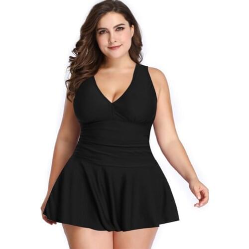 2021 Plus-Size New Dress One-Piece Swimsuit Black Blue Big Size Swimwear V neck Womens Swim Beach Dress SW209