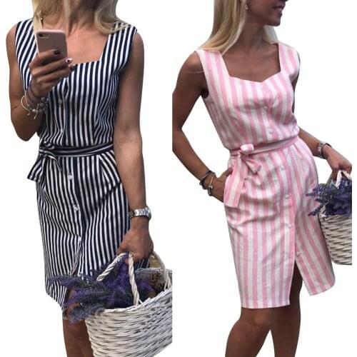 50%HOT 2021 summer new sweet dress retro striped sleeveless square neck slim beach party summer dress women