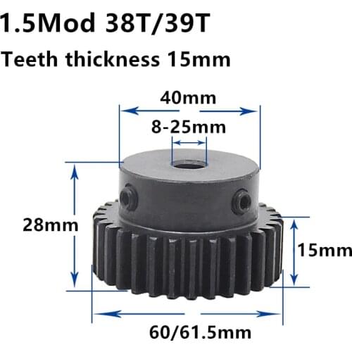 1.5M 38T 39T High frequency blackening Spur Gear pinion teeth width 15mm 1.5mod gear rack 38teeth bore 8-25mm spur gear 45 steel
