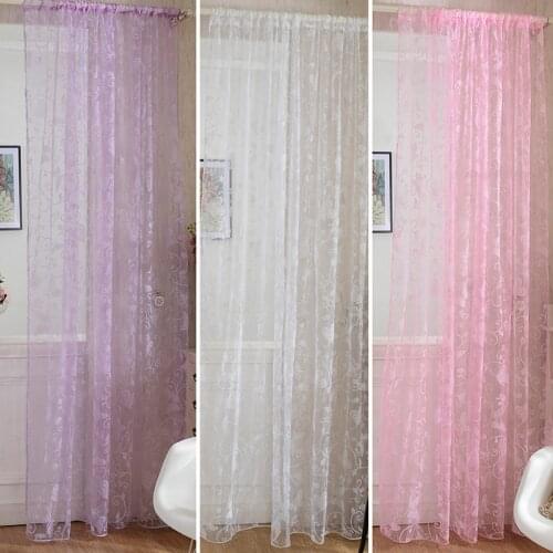 Door Drape Panel Scarf Sheer Voile Butterfly Flocked Yarn Window Curtain Decal Pink Curtain1